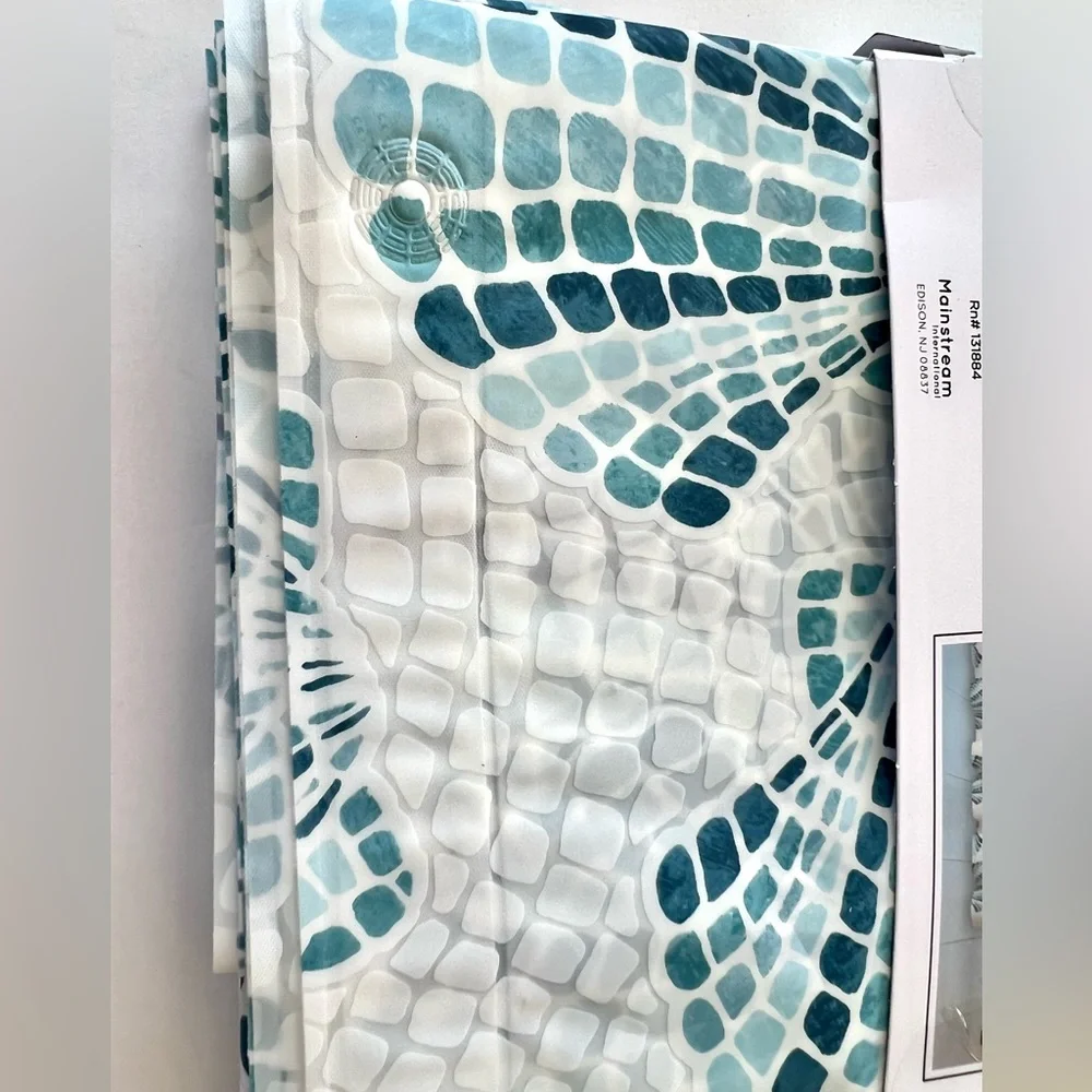 Blue Mosaic Tile Scallop Seashells Peva Shower Curtain Beach Nautical Coastal
